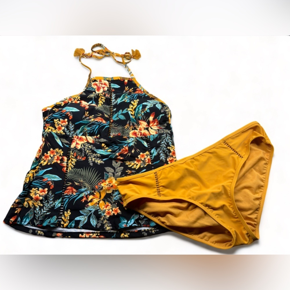TANKINI W BLACK FLORAL PRINT TOP AND MUSTARD YELLOW BOTTOM TASSELS CUT OUTS
